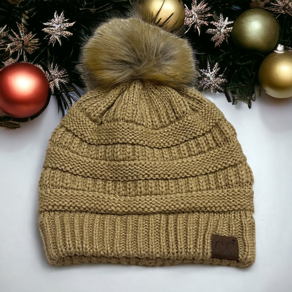 C&C Camel Colored Faux Fur Knit Pom‎ Pom Beanie